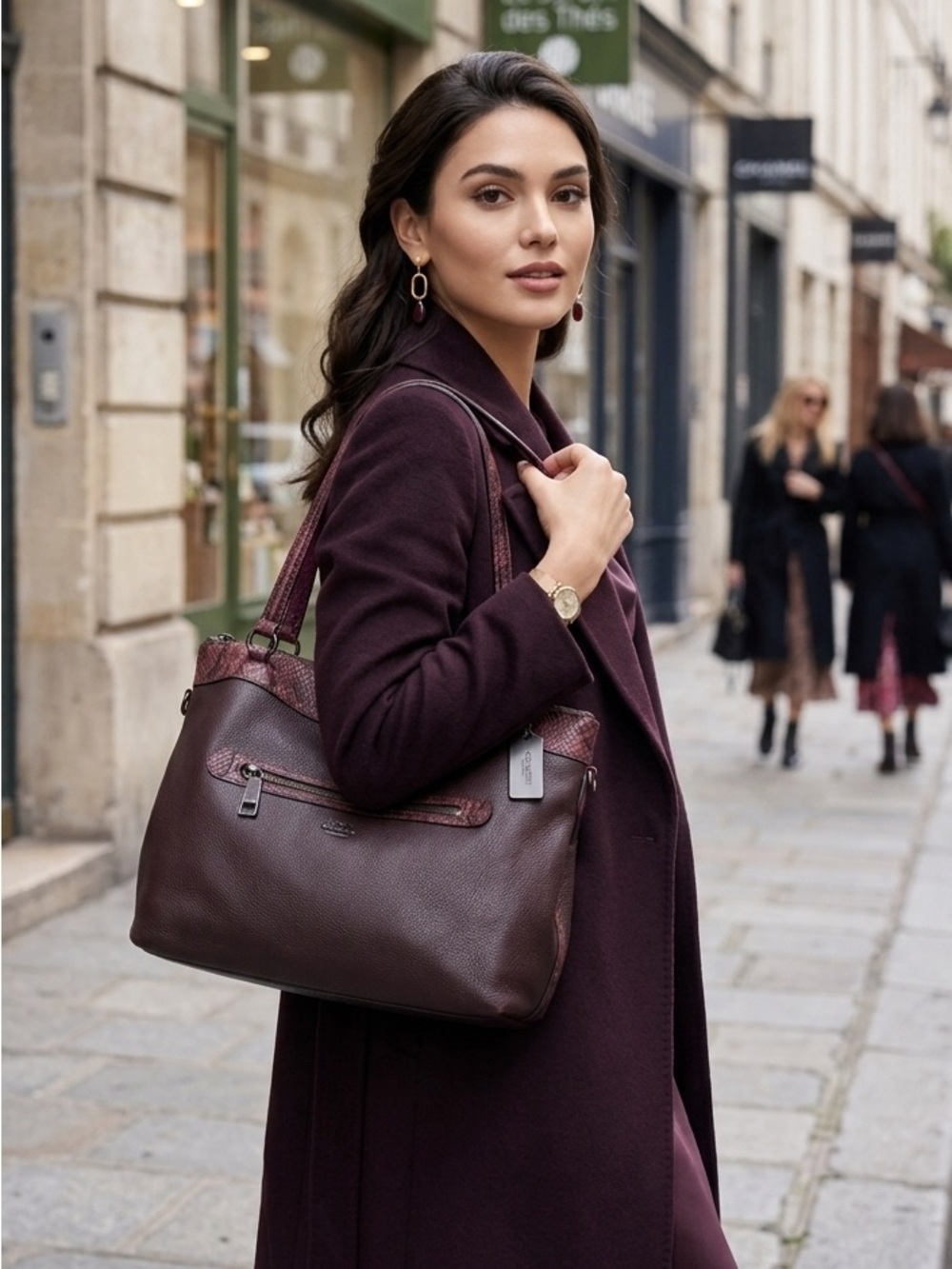 Coach Tyler Too Zip Snake Trim Leather Tote, Burgundy